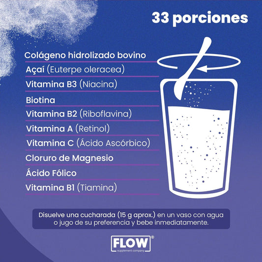 Suplemento Alimenticio FLOW Colágeno Hidrolizado + Açaí + Cloruro de Magnesio / 500 gr